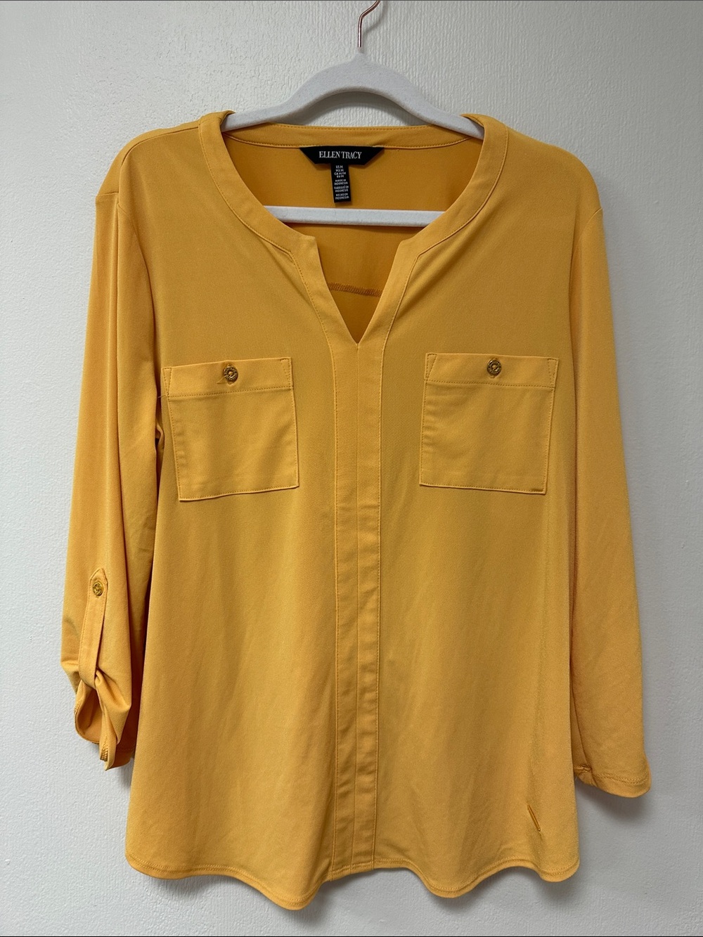 Ellen Tracy Golden Mustard V-Neck Utility Blouse